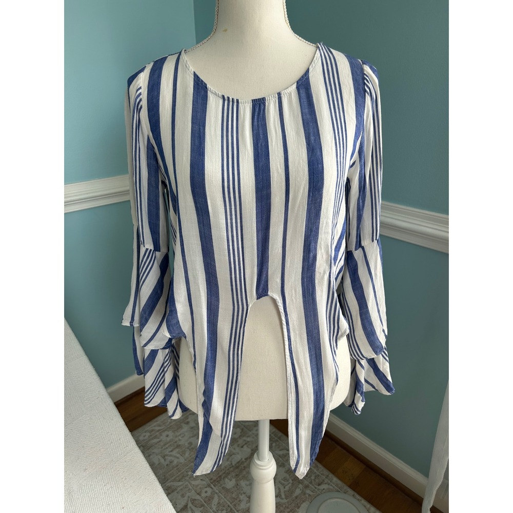 Altar'd State Blue White Striped Tie Front Tiered Bell Sleeve Blouse XS